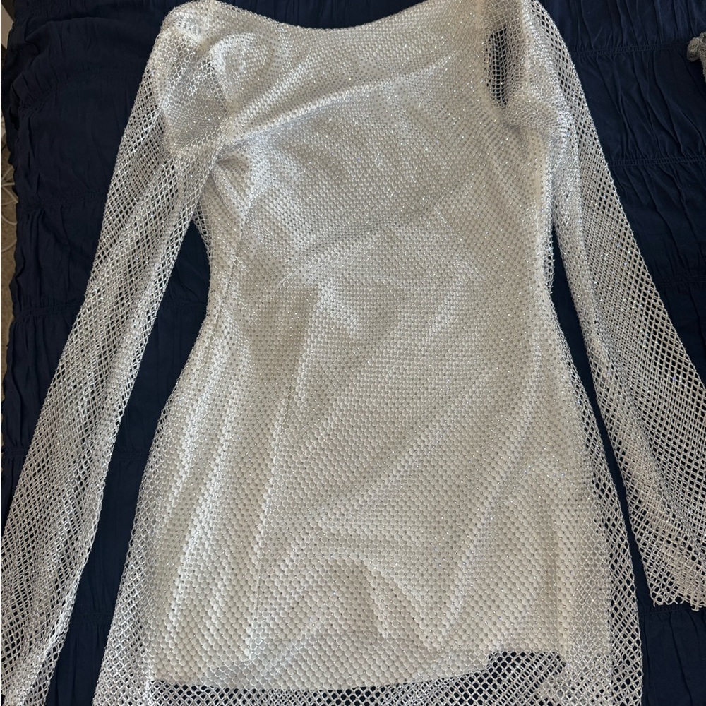 12th Tribe Anna White Rhinestone Mesh Mini Dress